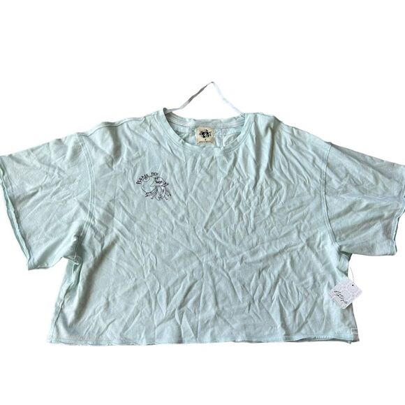 Free People Women’s M Save The Sea Graphic Tee Aqua Blue Boxy Oversized Rare New - Picture 2 of 8